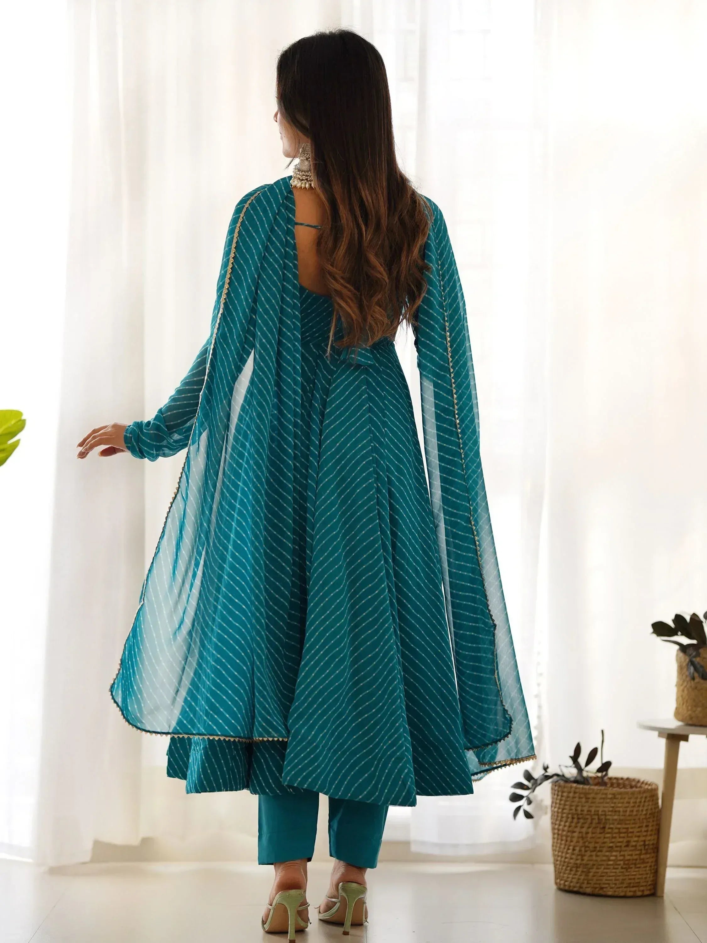 Teal striped anarkali suit with cape, ethnic wear for women, back view