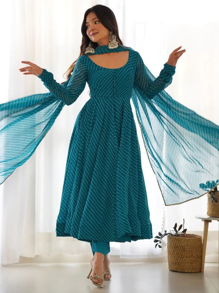Enchanting Teal Blue Laheriya Printed Georgette Anarkali Pant Suit