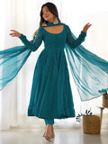 Enchanting Teal Blue Laheriya Printed Georgette Anarkali Pant Suit