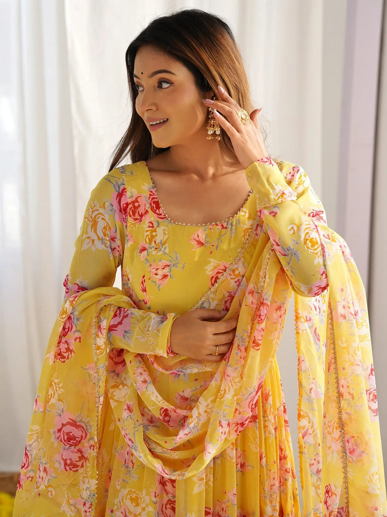 Stunning Yellow Floral Printed Georgette Event Wear Anarkali Suit