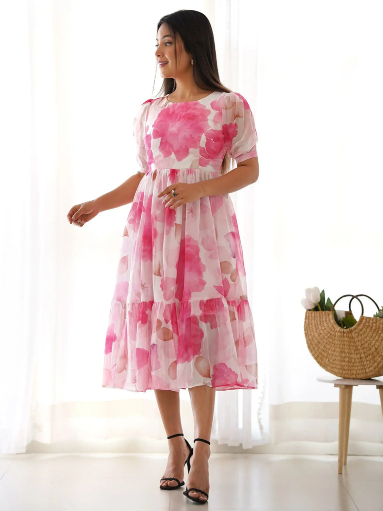 Fantastic Off-White Floral Printed Organza Party Wear Frock Dress