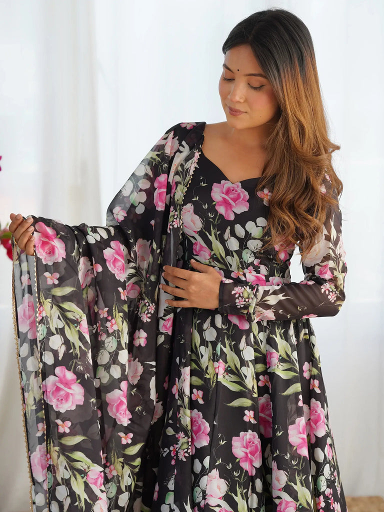 Beautiful Black Floral Printed Organza Anarkali Suit With Dupatta