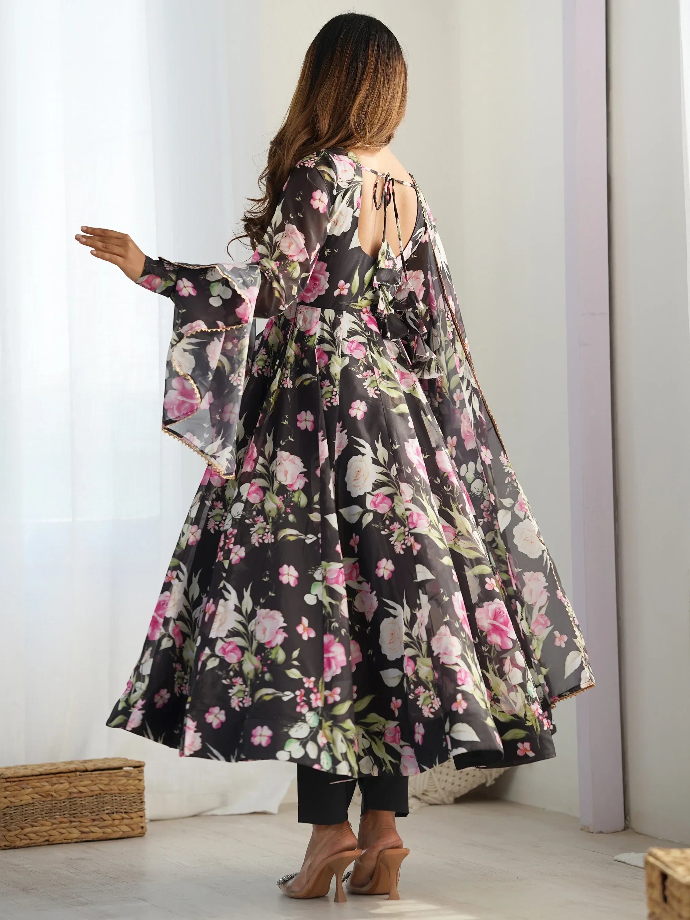 Beautiful Black Floral Printed Organza Anarkali Suit With Dupatta