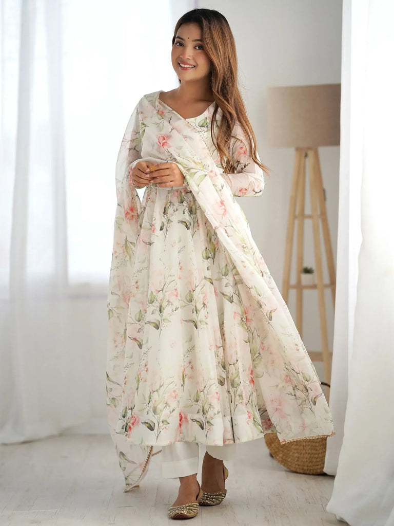 Spectacular White Floral Printed Organza Anarkali Suit With Dupatta