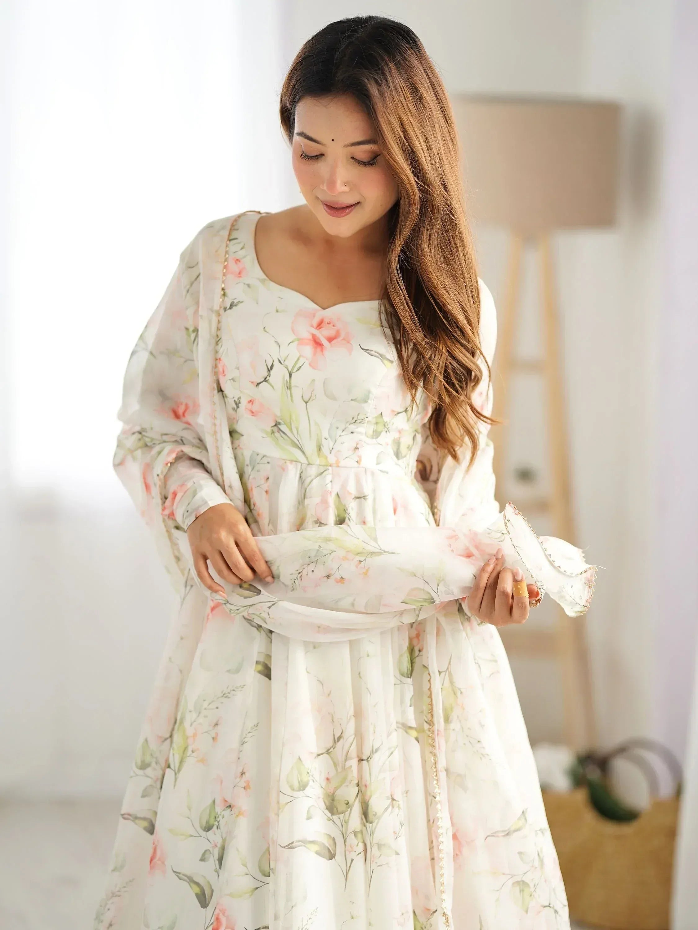 Floral print ethnic gown with sheer dupatta, perfect for Indian occasions and festive wear