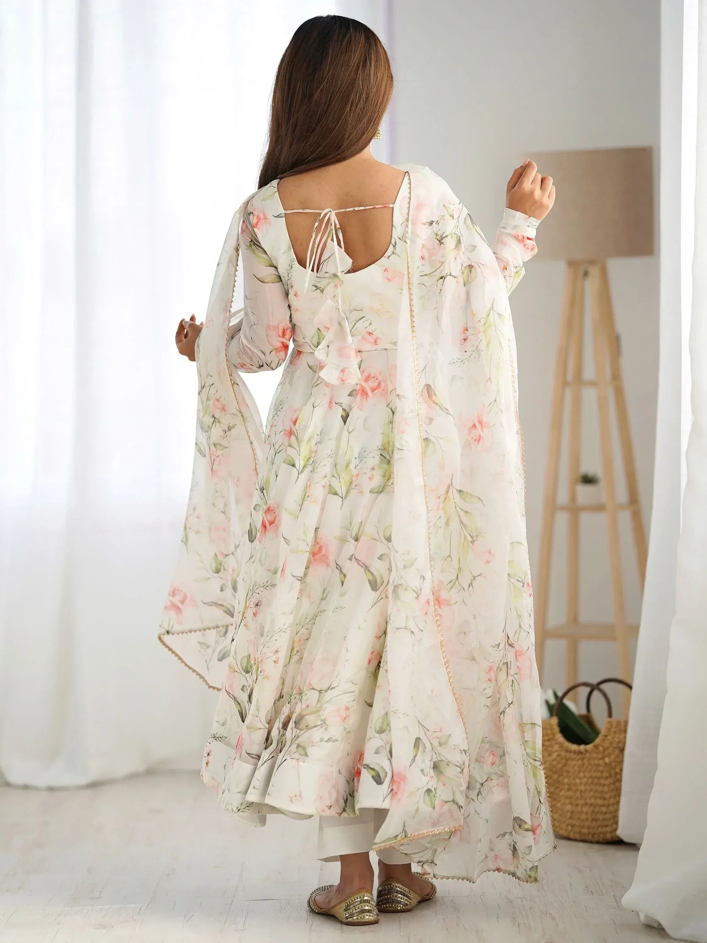 Floral print ethnic anarkali suit with back tie detail, paired with palazzo pants and dupatta