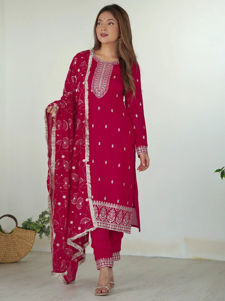 Fabulous Rani Pink Embroidered Silk Festival Wear Pant Suit