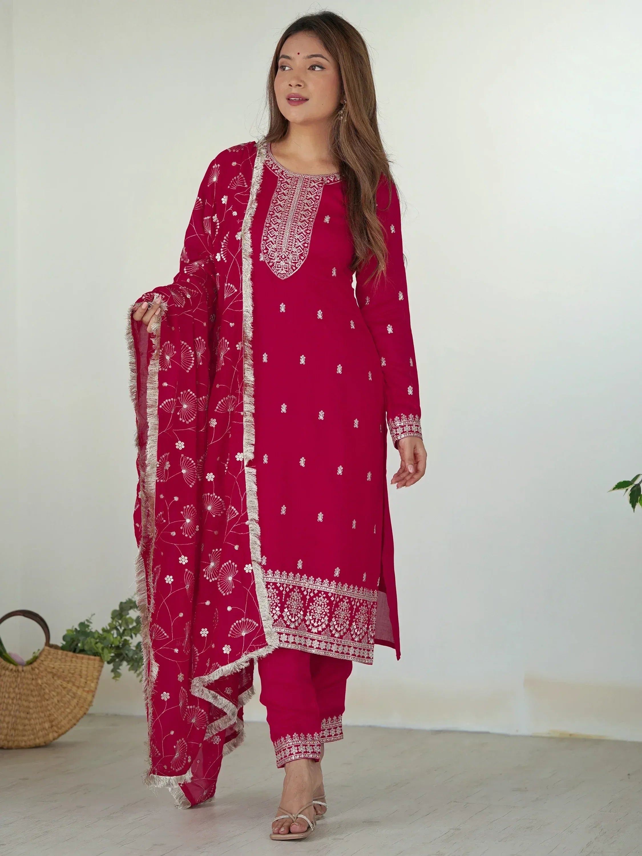 Red embroidered salwar kameez with floral dupatta, Indian ethnic wear for women