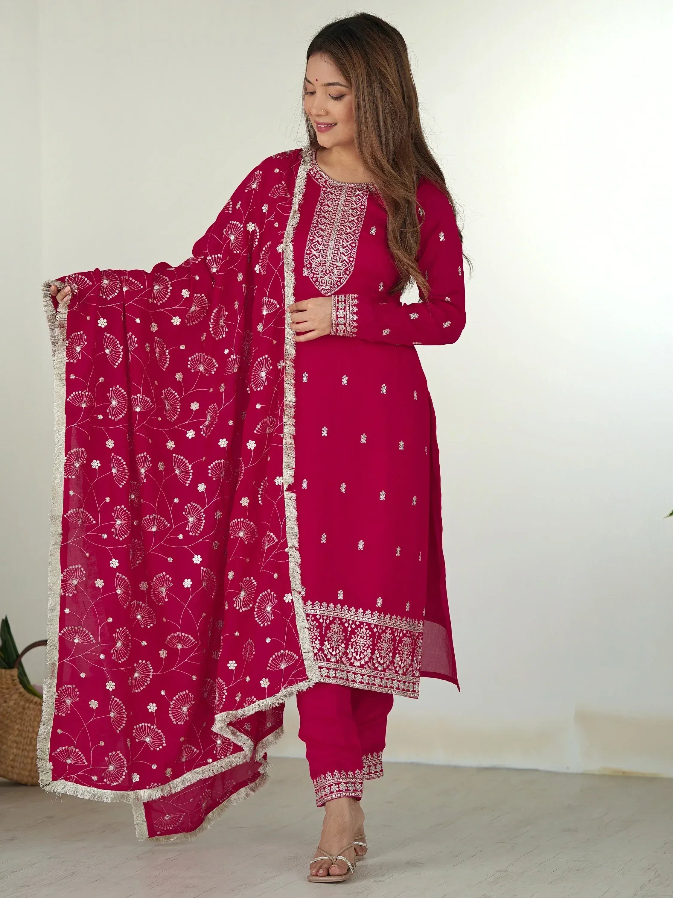 Women's maroon embroidered salwar kameez with floral dupatta, Indian ethnic wear