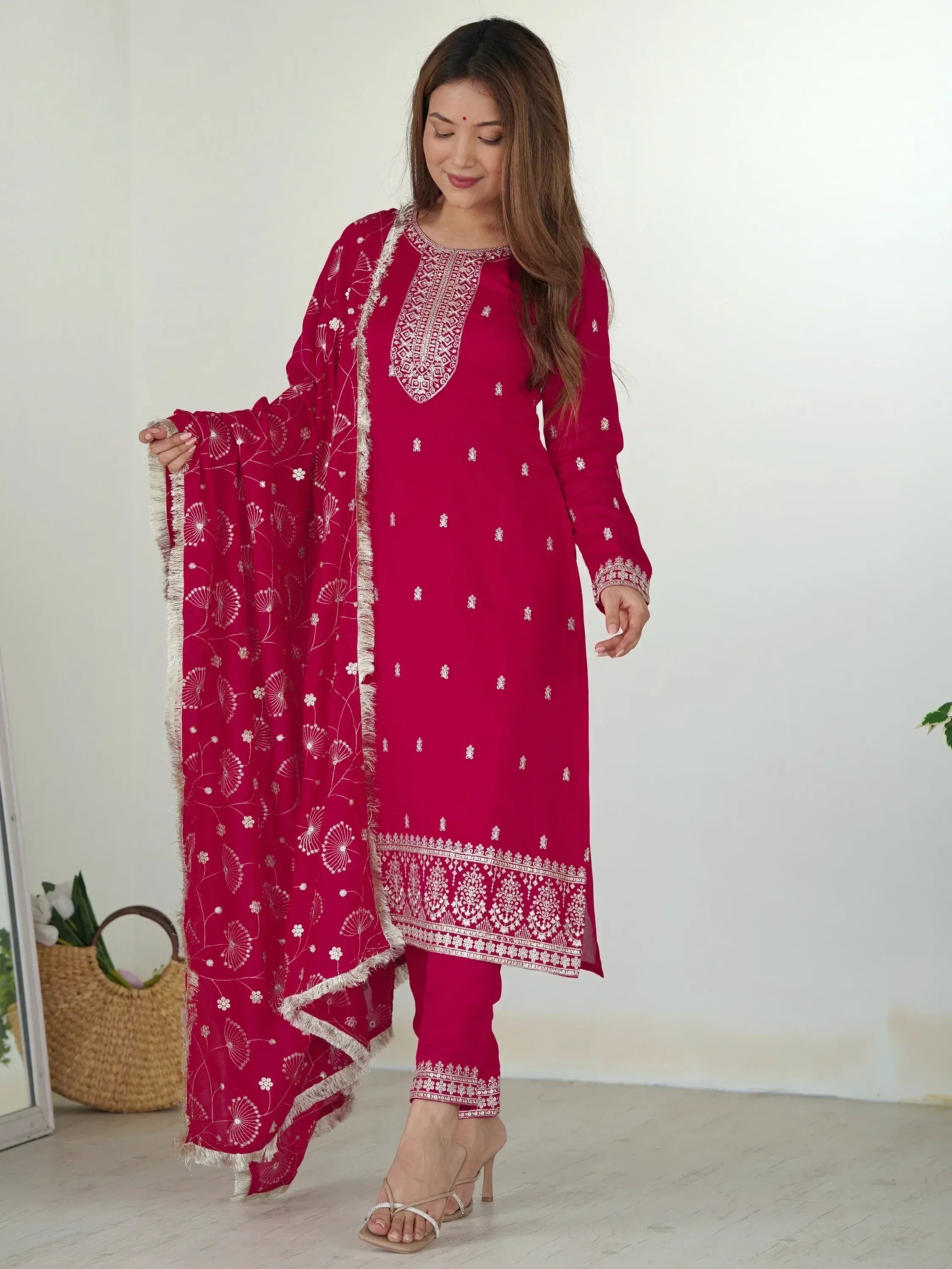 Red embroidered salwar kameez with floral dupatta, Indian ethnic wear for women