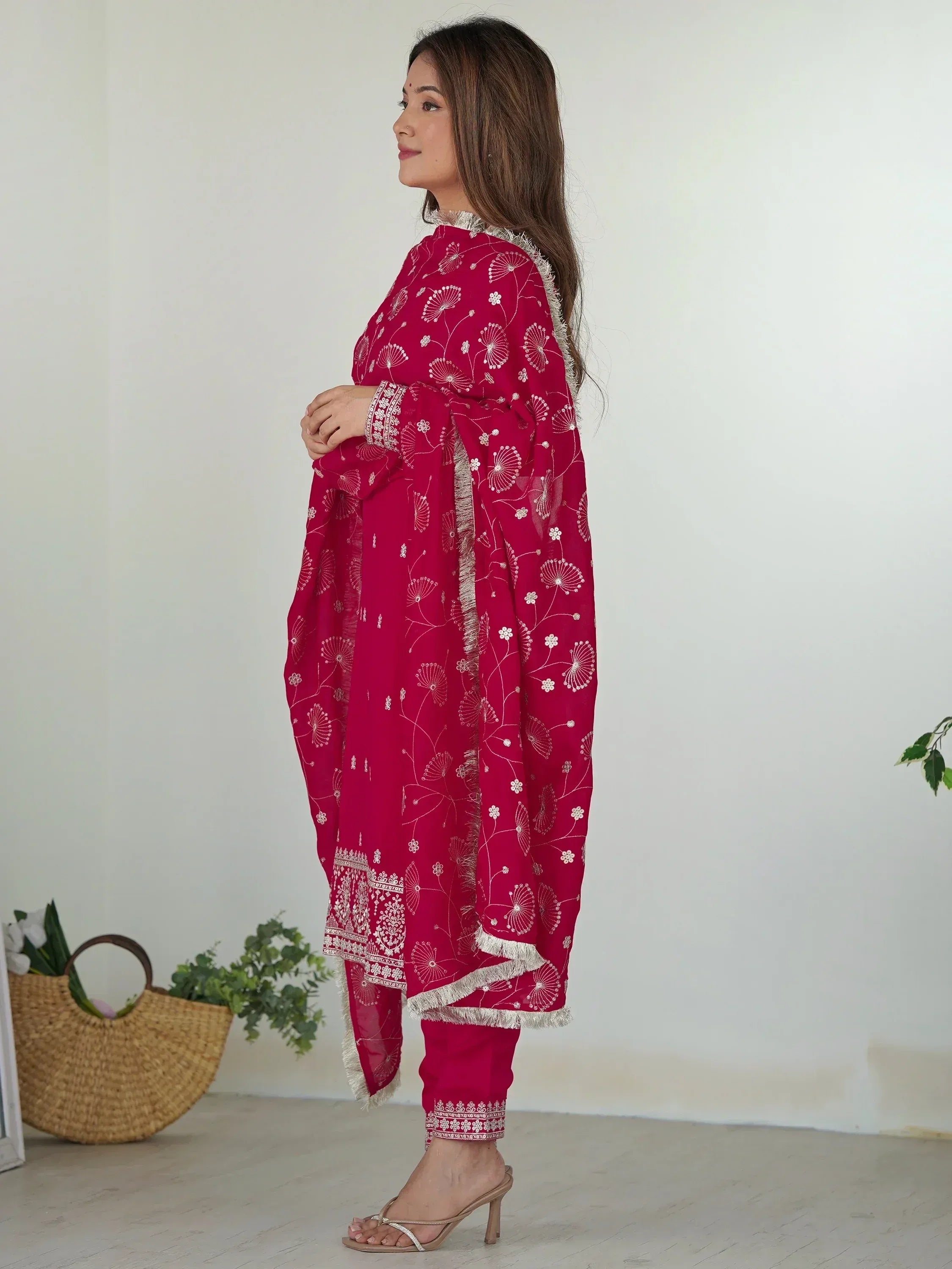Red embroidered salwar kameez with floral print and fringe detailing, Indian ethnic wear