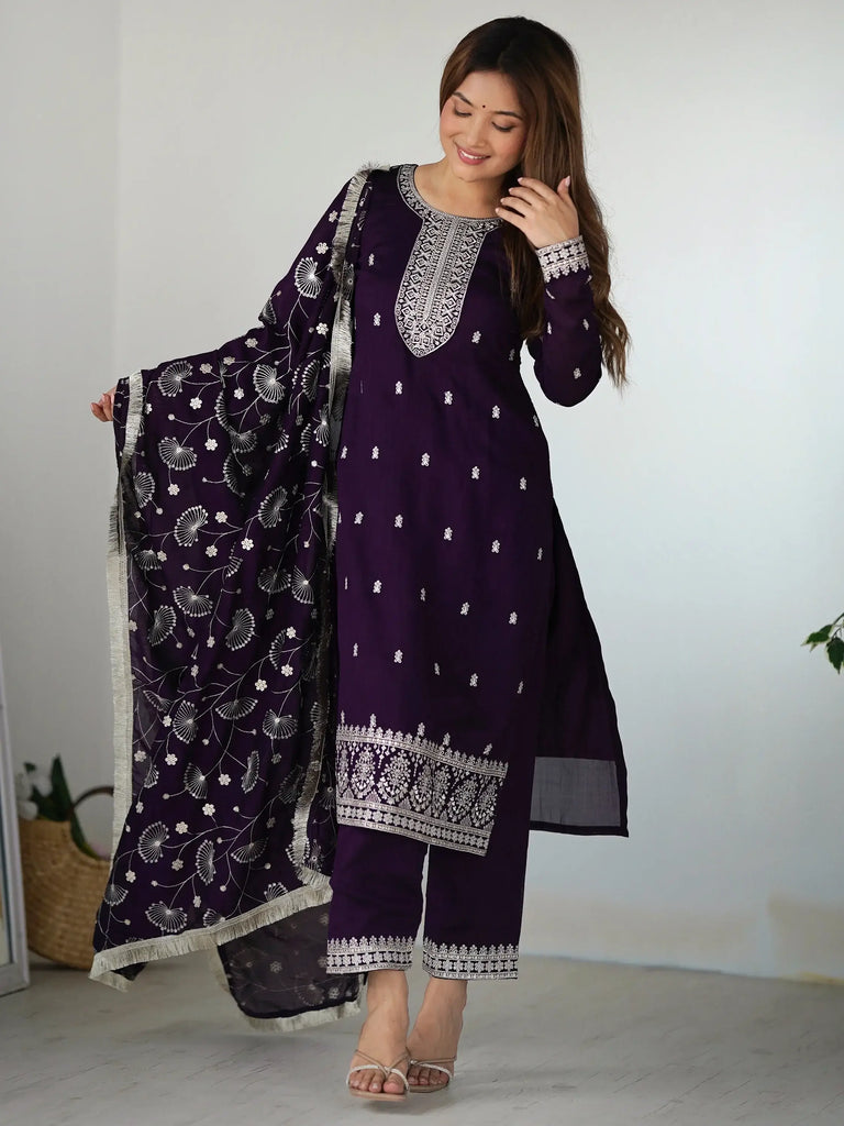 Spectacular Purple Zari Embroidered Silk Festival Wear Pant Suit