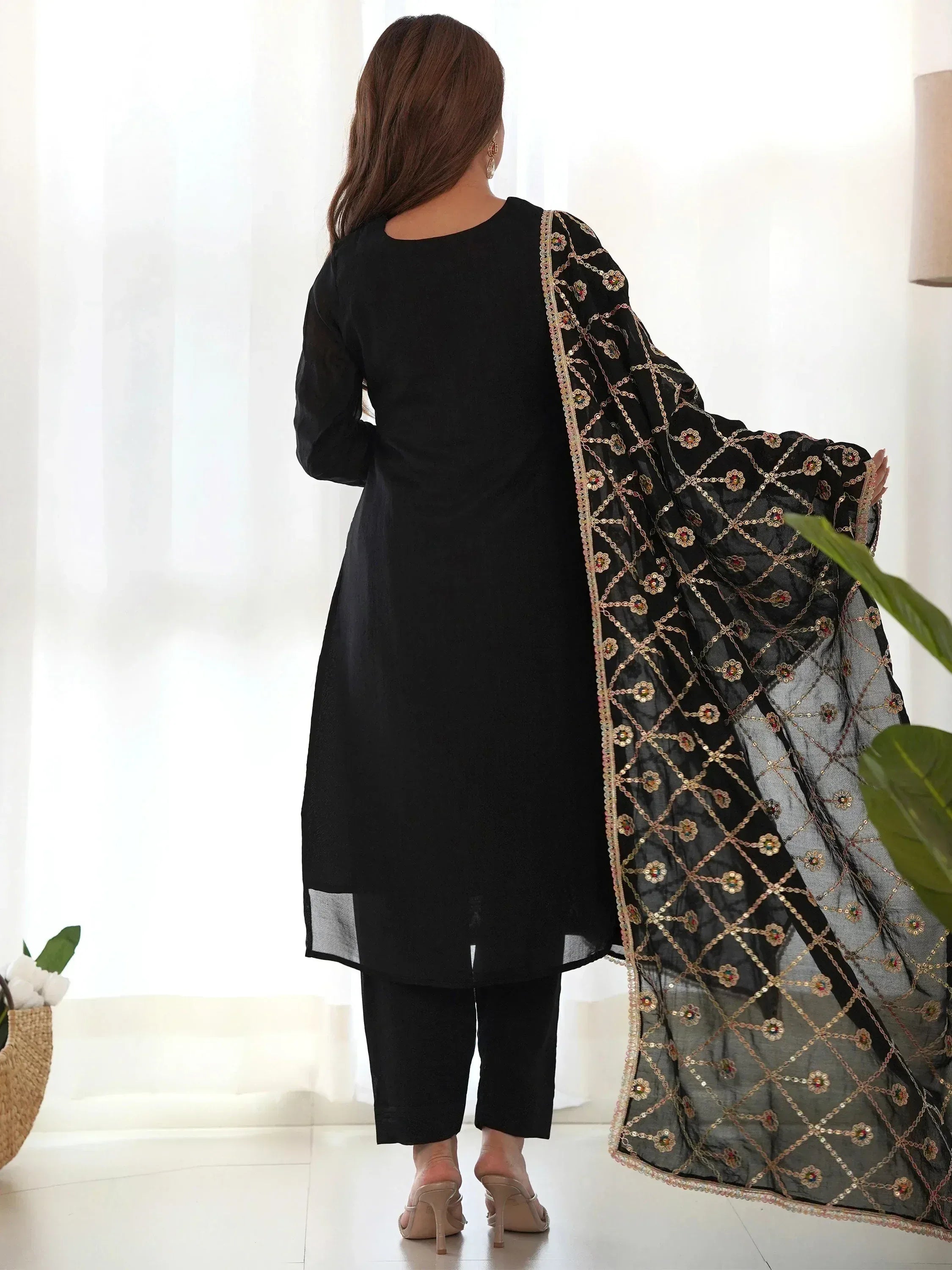 Black ethnic salwar kameez with embroidered dupatta, perfect for Indian wear
