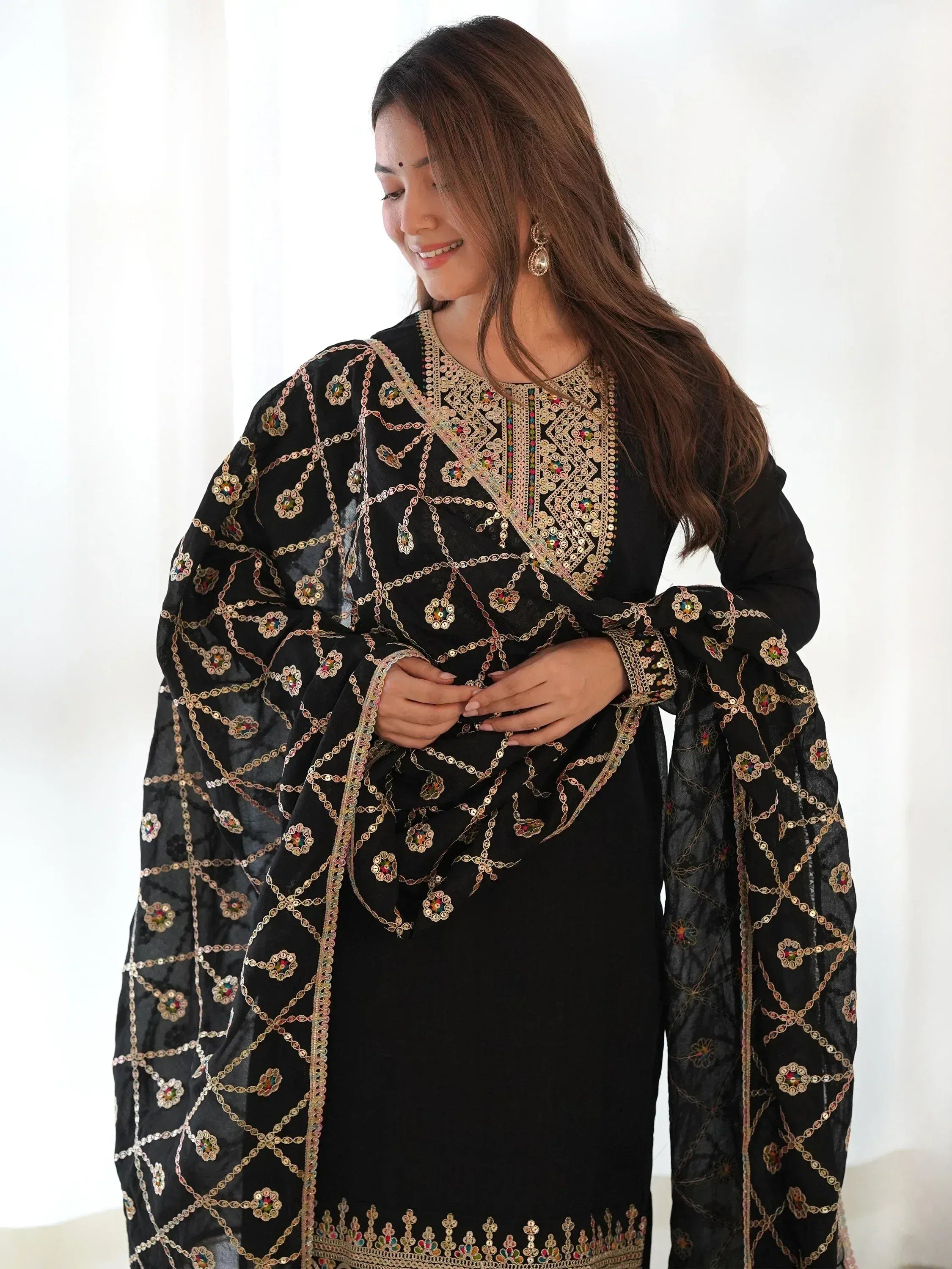 Black embroidered salwar kameez with mirror work, ethnic Indian wear for women