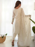 Astonishing White Sequins Chinon Silk Traditional Pant Suit