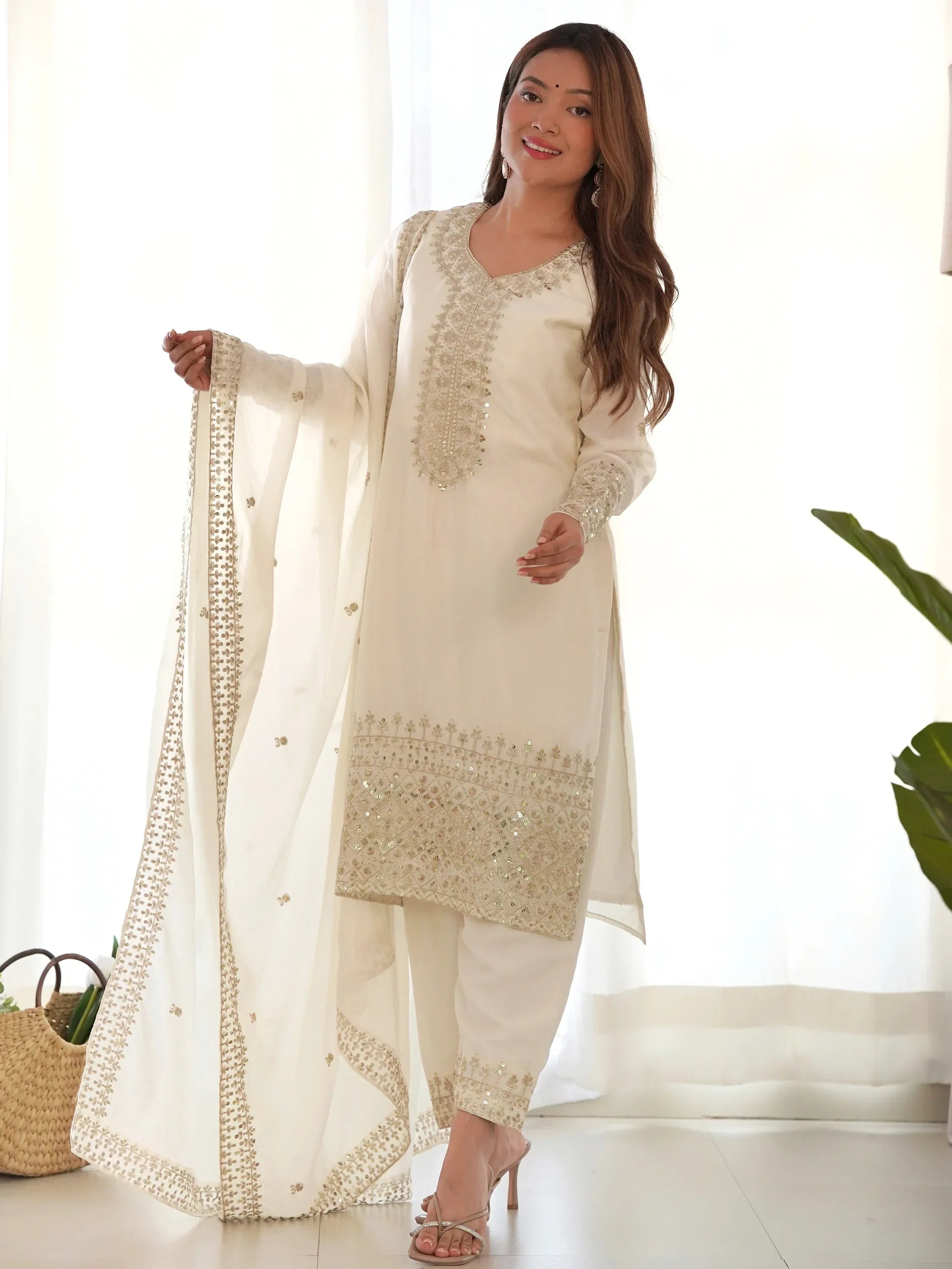 Astonishing White Sequins Chinon Silk Traditional Pant Suit