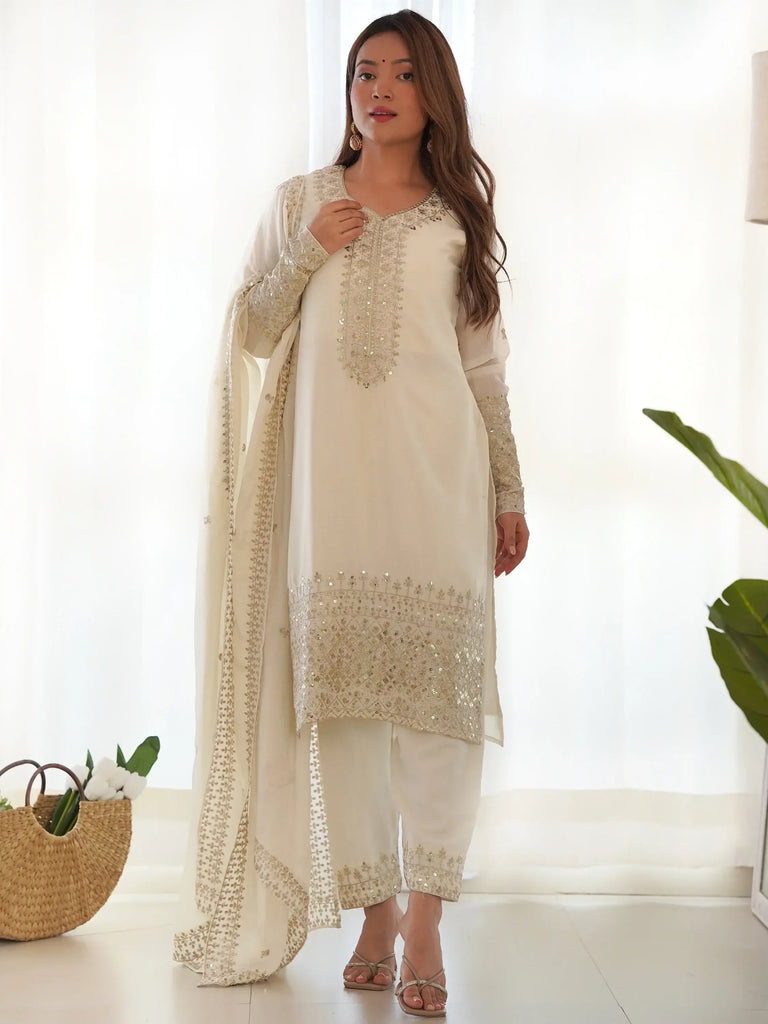 Astonishing White Sequins Chinon Silk Traditional Pant Suit