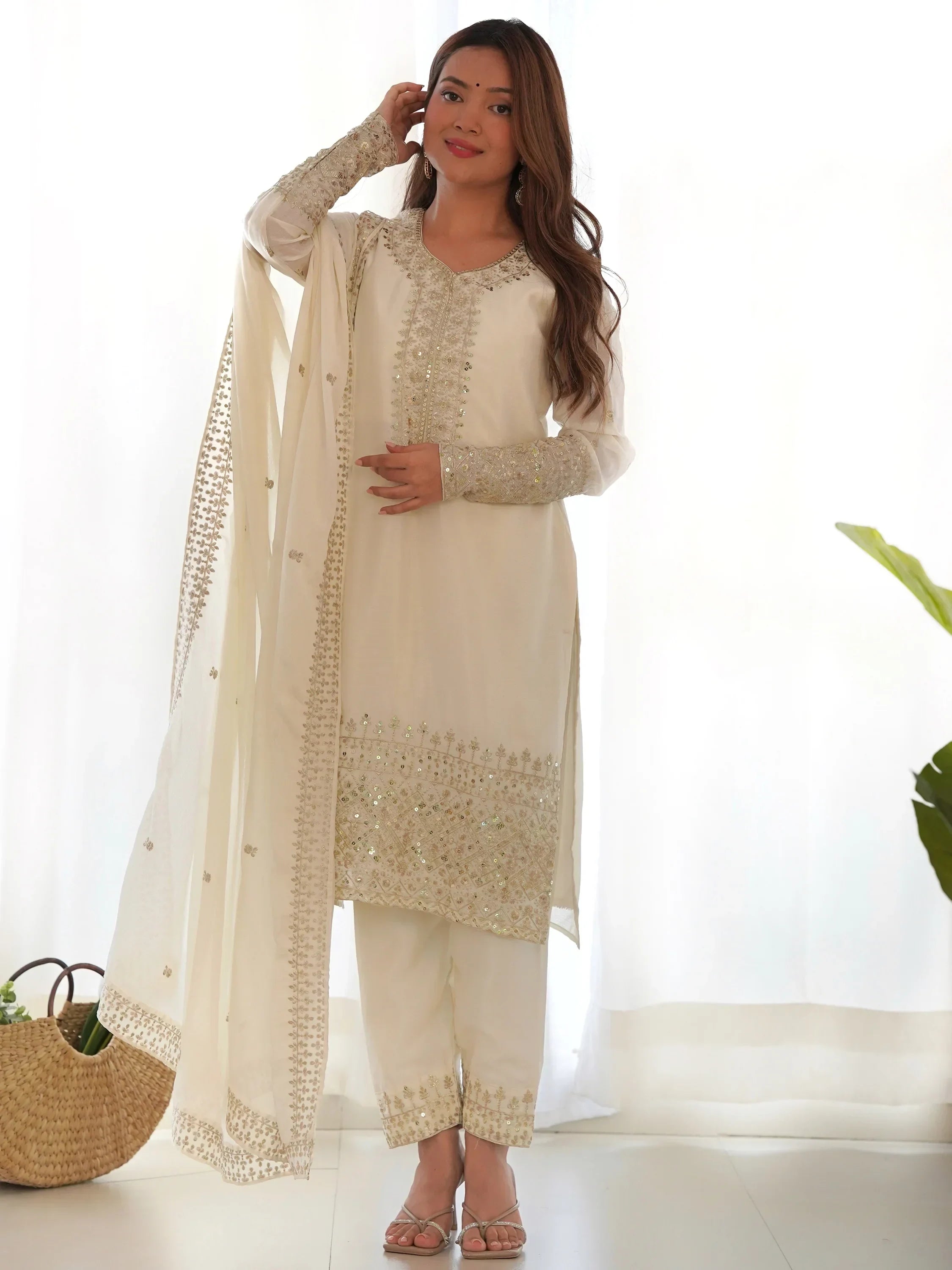Astonishing White Sequins Chinon Silk Traditional Pant Suit