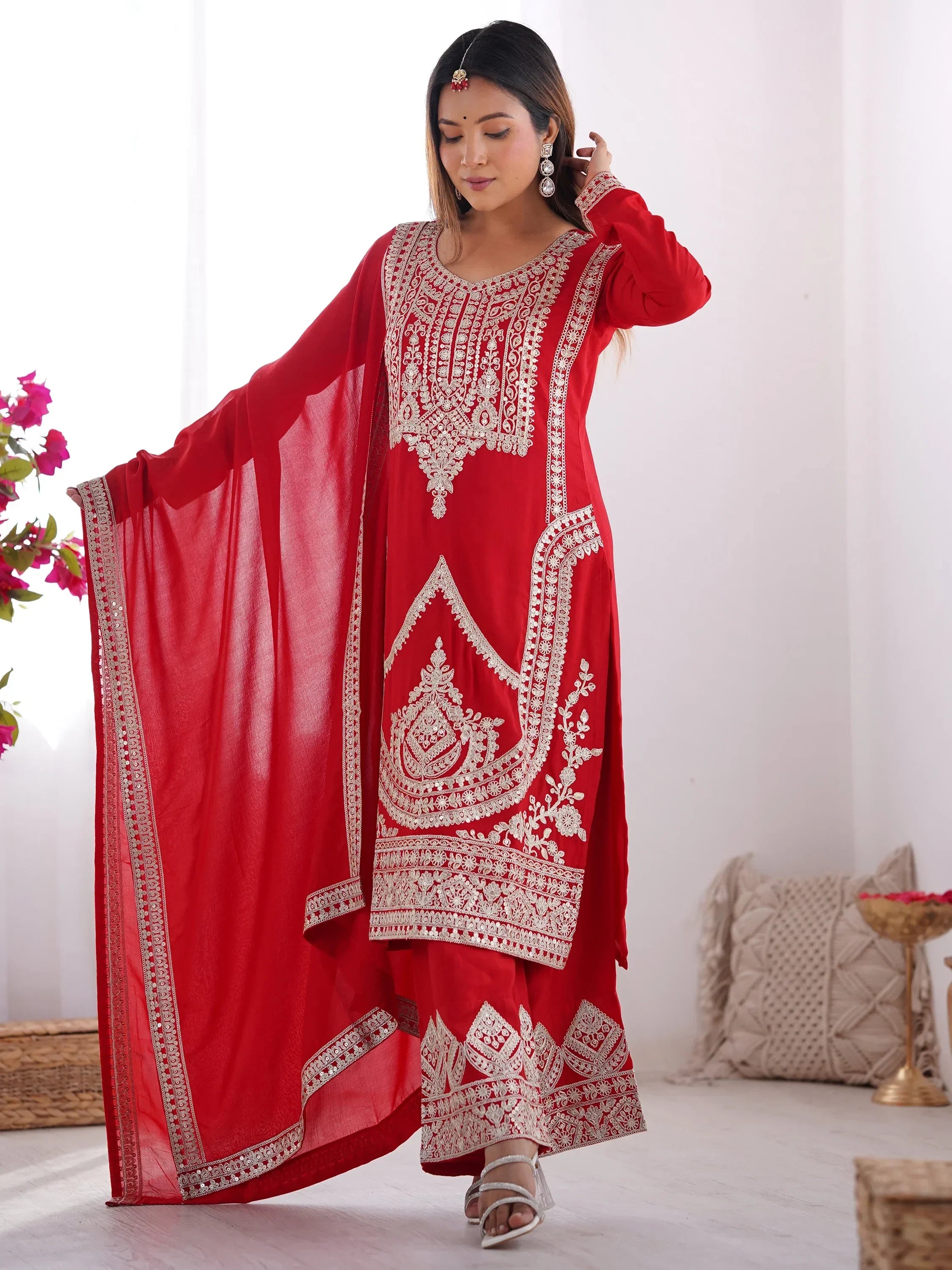 Amazing Red Dori Work Silk Wedding Palazzo Suit With Dupatta