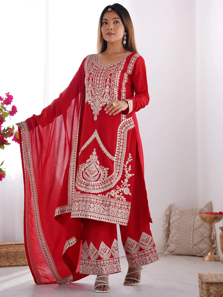 Amazing Red Dori Work Silk Wedding Palazzo Suit With Dupatta
