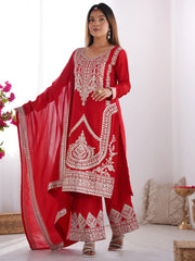 Amazing Red Dori Work Silk Wedding Palazzo Suit With Dupatta