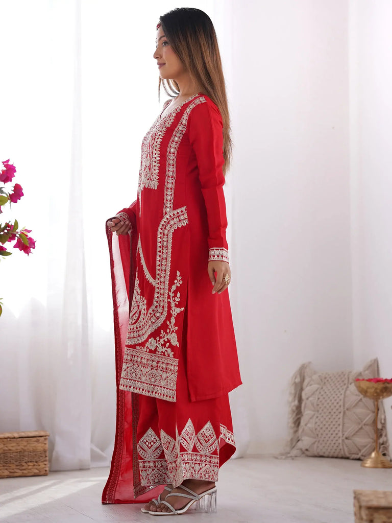 Amazing Red Dori Work Silk Wedding Palazzo Suit With Dupatta