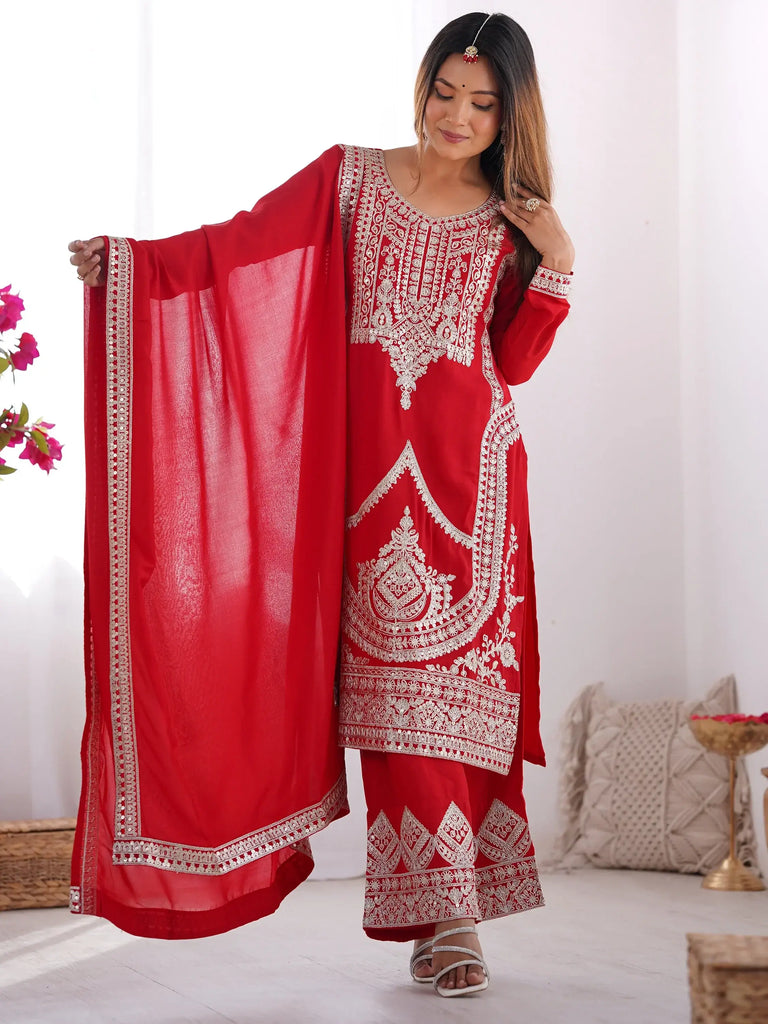 Amazing Red Dori Work Silk Wedding Palazzo Suit With Dupatta