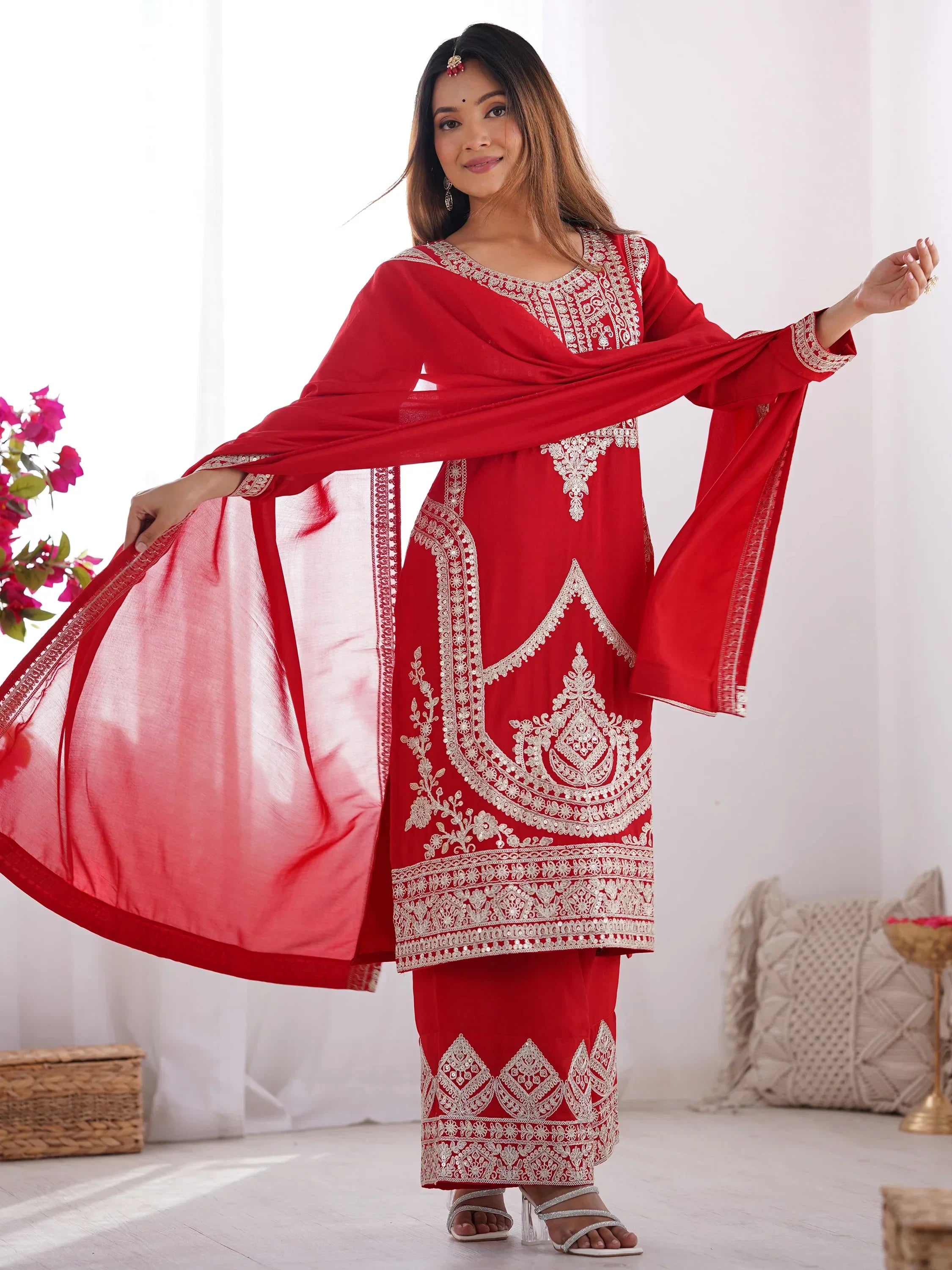 Amazing Red Dori Work Silk Wedding Palazzo Suit With Dupatta