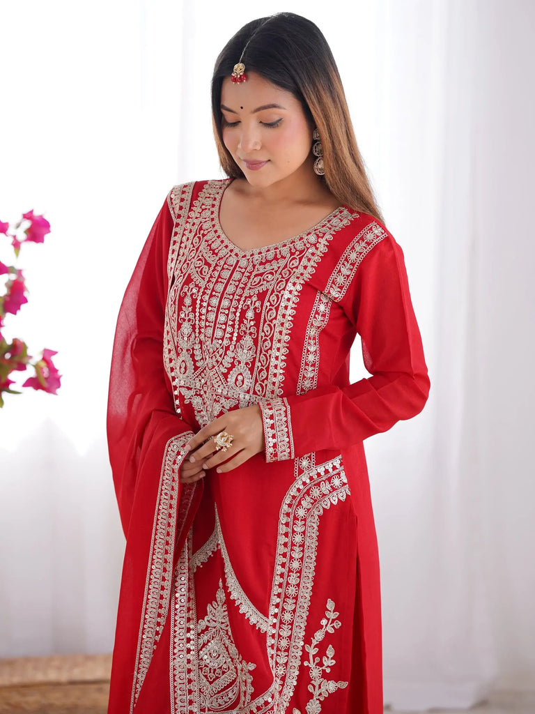 Amazing Red Dori Work Silk Wedding Palazzo Suit With Dupatta