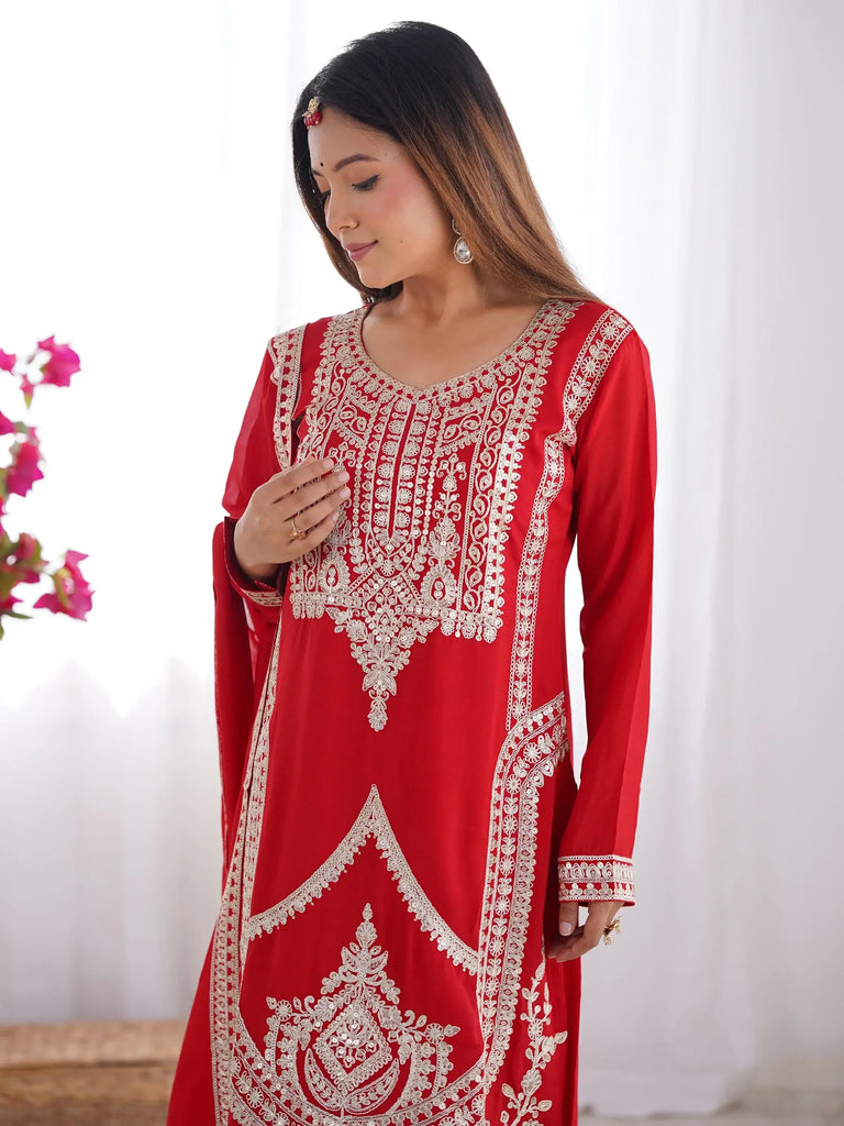 Amazing Red Dori Work Silk Wedding Palazzo Suit With Dupatta