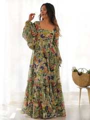 Fantastic Green Digital Printed Georgette Festival Wear Gown