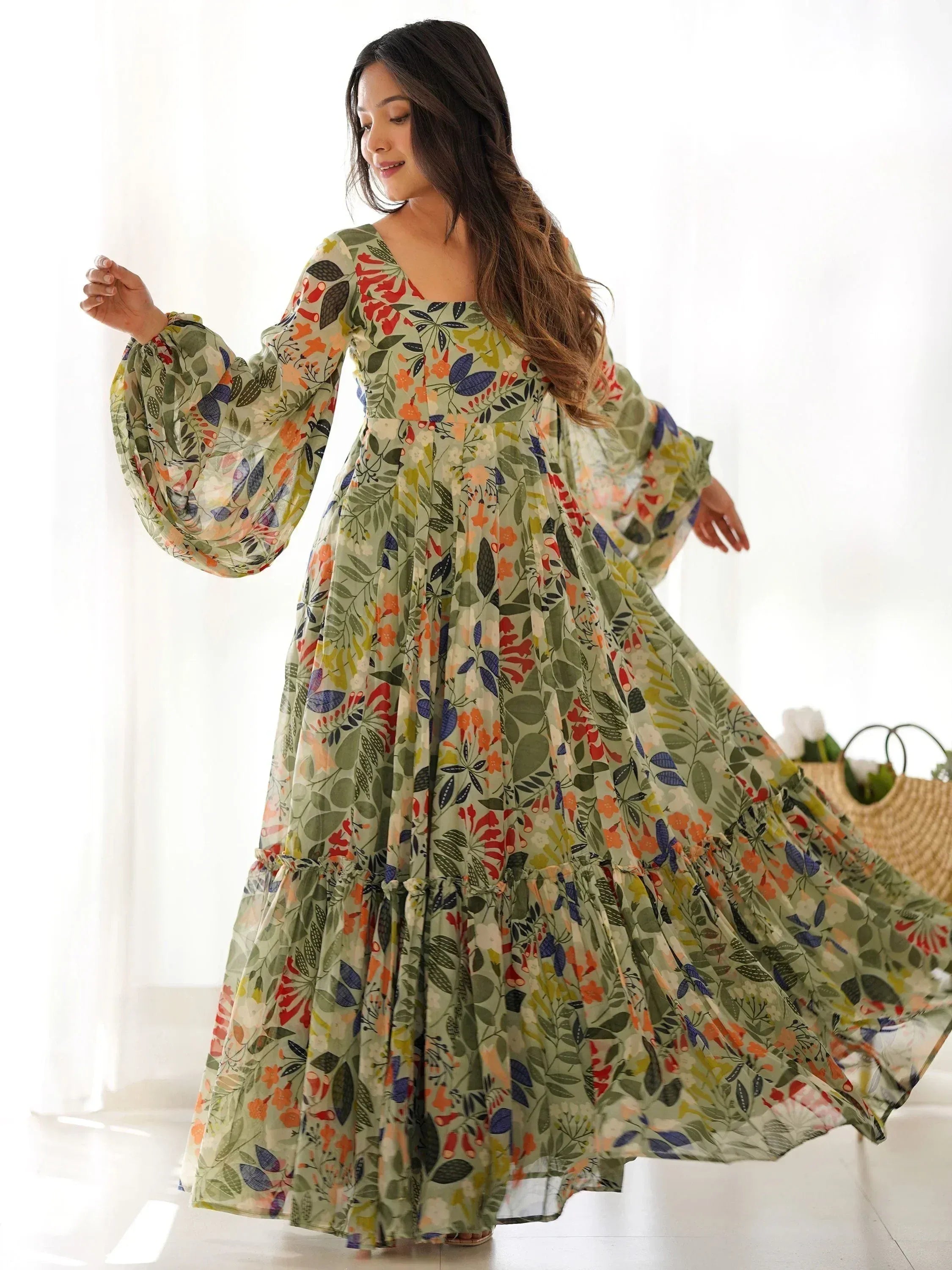 Floral print ethnic gown with bell sleeves, perfect for Indian festive wear and casual occasions.