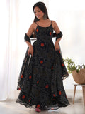 Magnetic Black Bandhani Printed Chiffon Traditional Gown With Dupatta