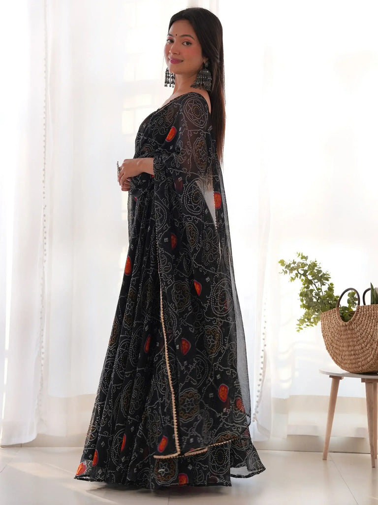 Magnetic Black Bandhani Printed Chiffon Traditional Gown With Dupatta