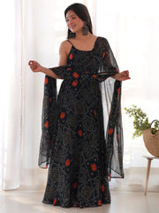 Magnetic Black Bandhani Printed Chiffon Traditional Gown With Dupatta