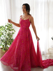 Pretty Pink Bandhani Printed Chiffon Festival Wear Gown With Dupatta