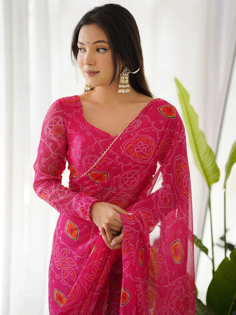Beautiful Pink Bandhani Printed Chiffon Festival Wear Saree With Blouse
