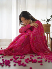 Beautiful Pink Bandhani Printed Chiffon Festival Wear Saree With Blouse