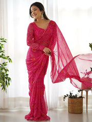Beautiful Pink Bandhani Printed Chiffon Festival Wear Saree With Blouse