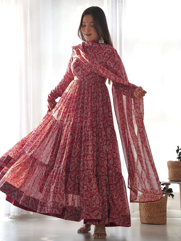 Mesmerizing Red Digital Printed Georgette Event Wear Gown