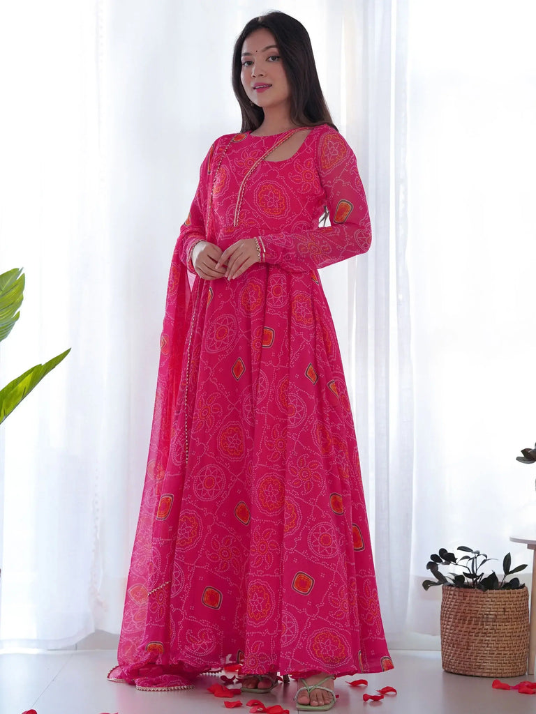 Stunning Pink Bandhani Printed Chiffon Gown With Dupatta