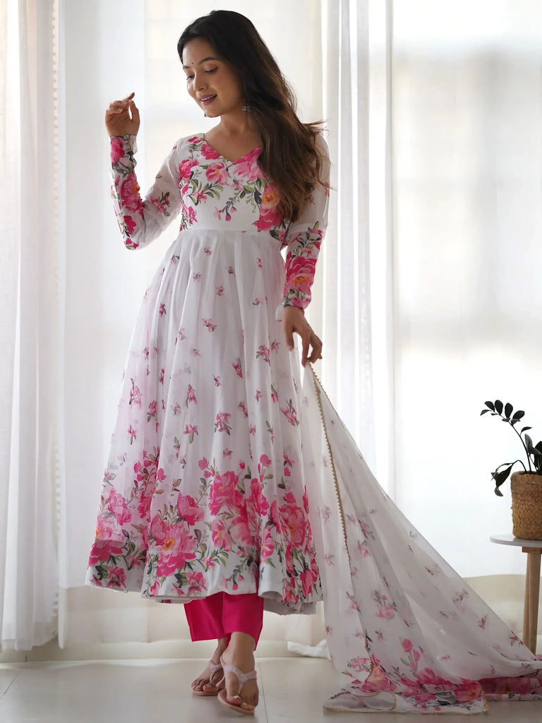 Astonishing White Floral Printed Organza Event Wear Anarkali Suit