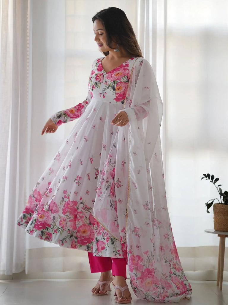 Astonishing White Floral Printed Organza Event Wear Anarkali Suit