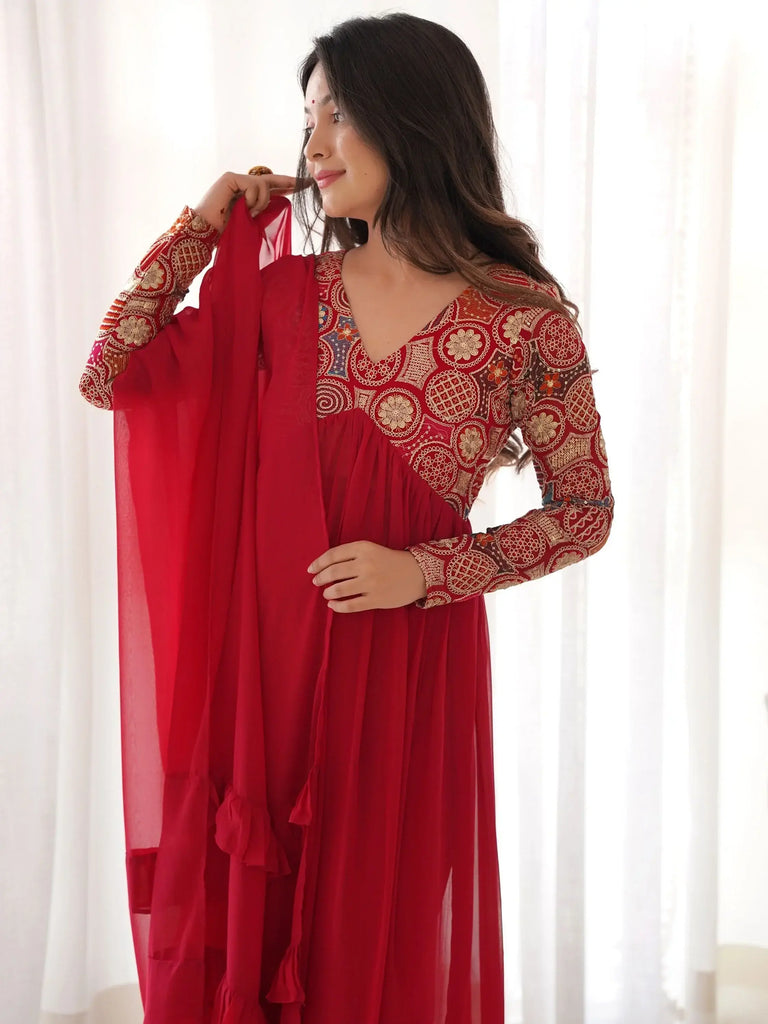 Stunning Red Embroidered Georgette Anarkali Suit With Ruffles Dupatta