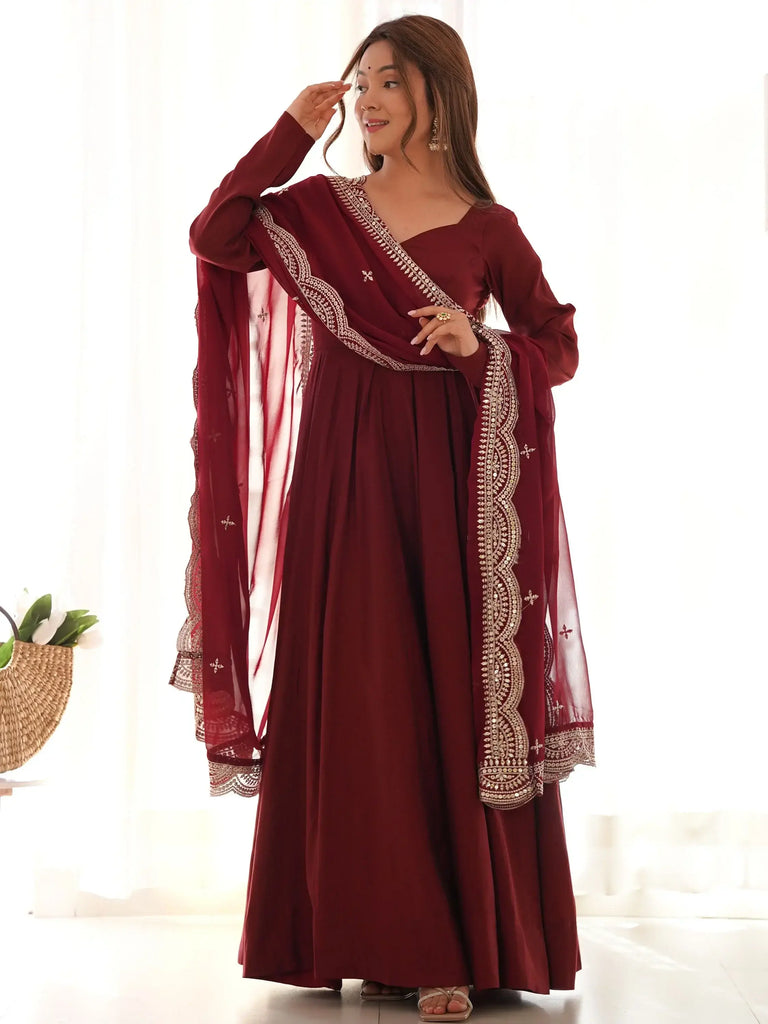 Glamorous Maroon Silk Festival Wear Anarkali Suit Pant With Dupatta