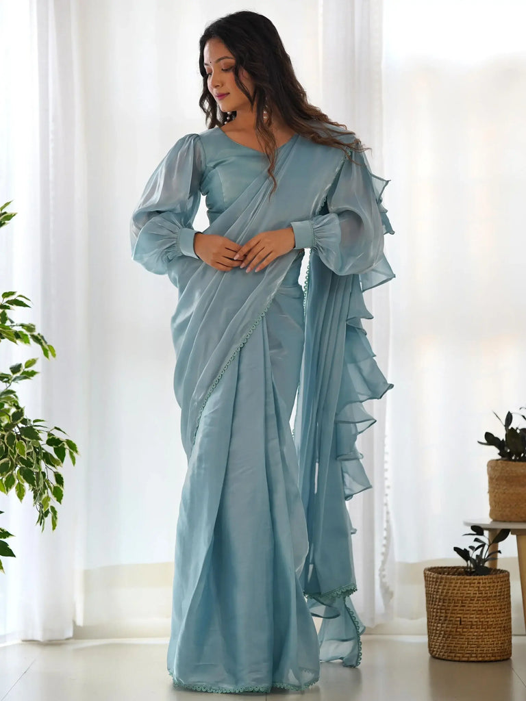 Charming Blue Organza Party Wear Readymade Saree With Blouse