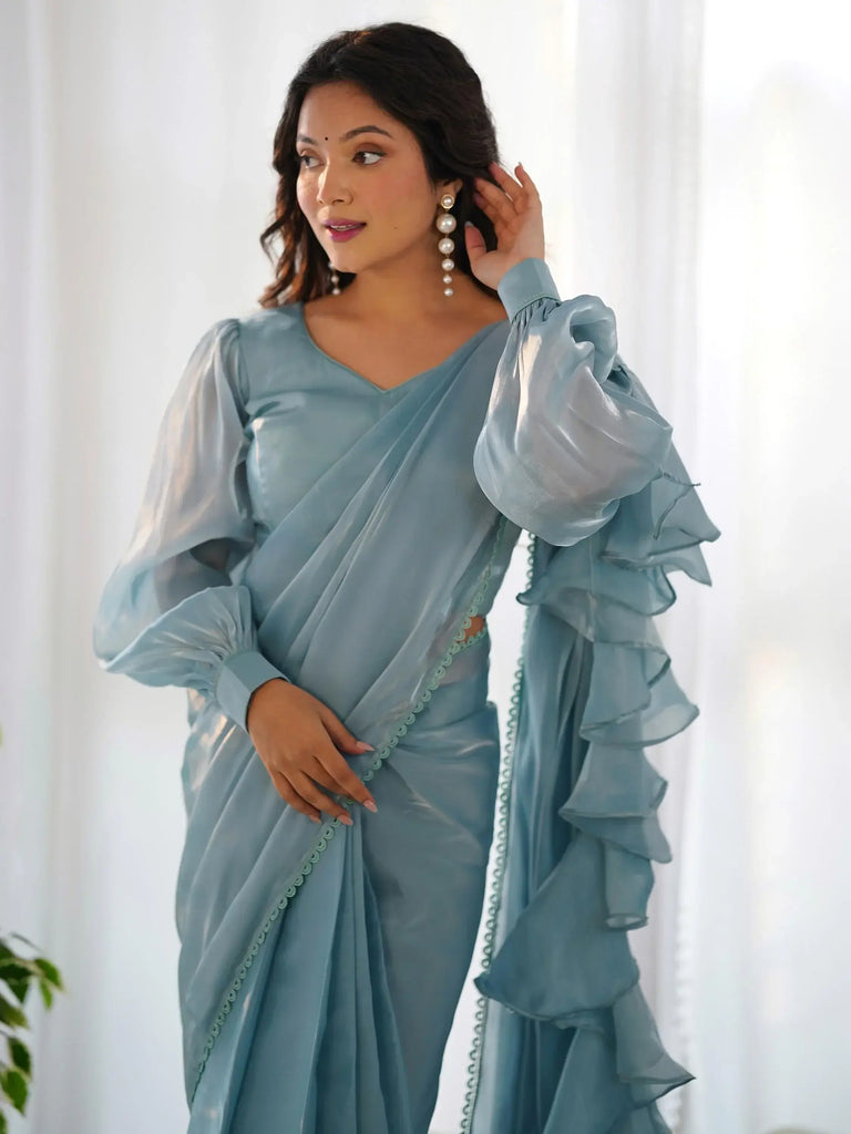 Charming Blue Organza Party Wear Readymade Saree With Blouse