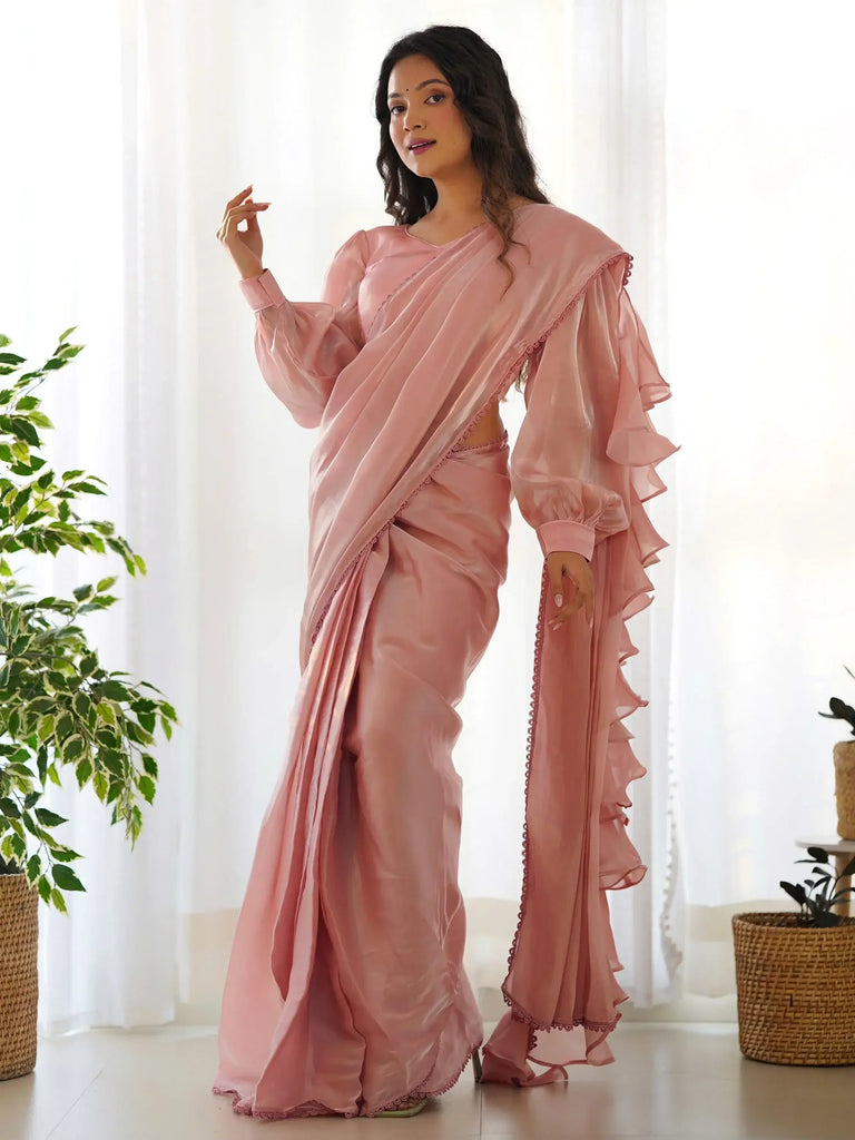 Fascinating Peach Organza Designer Readymade Saree With Blouse