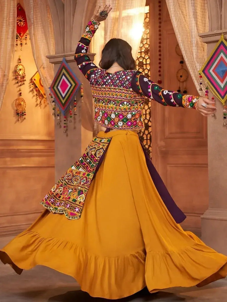 Rocking Mustard Yellow Thread-Embroidered Rayon Lehenga Choli With Koti