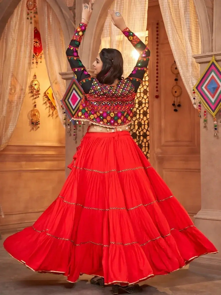 Radiate Red Thread Embroidered Rayon Navratri Lehenga Choli With Koti